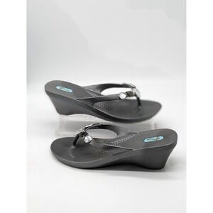 Oka-B Womens ML 8.5-9.5 Dark Gray Wedge Flip Flops Rhinestone Jeweled Sandals